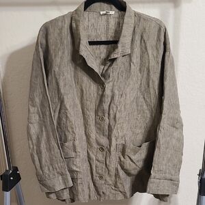 Eileen Fisher Muted Olive Lightweight Neutral Linen Button-Front Jacket Size XS